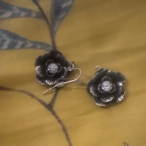 Silver Floral Drop Earrings with Crystal Accent - Women's Jewelry